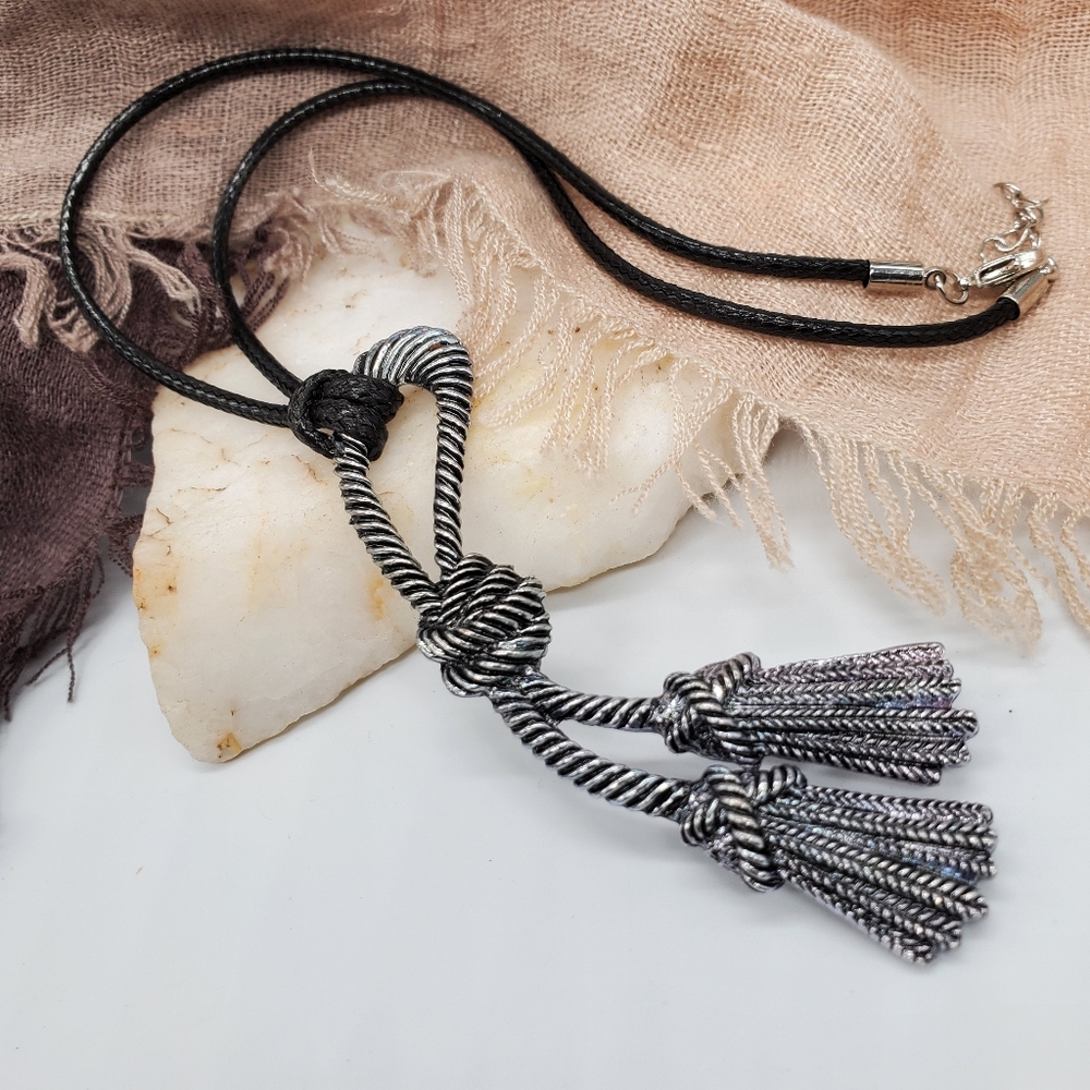❤️ Boho Jewelry Silver Tassel Knot Pendant Black Cord Hypoallergenic